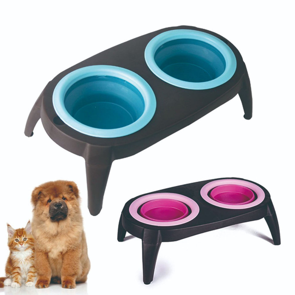Foldable Silicone Pet Bowl – Portable Double Bowl for Dogs & Cats