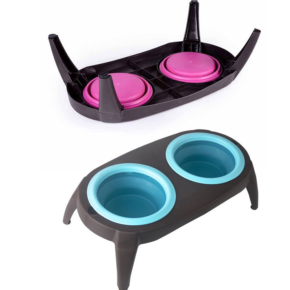 Foldable Silicone Pet Bowl – Portable Double Bowl for Dogs & Cats