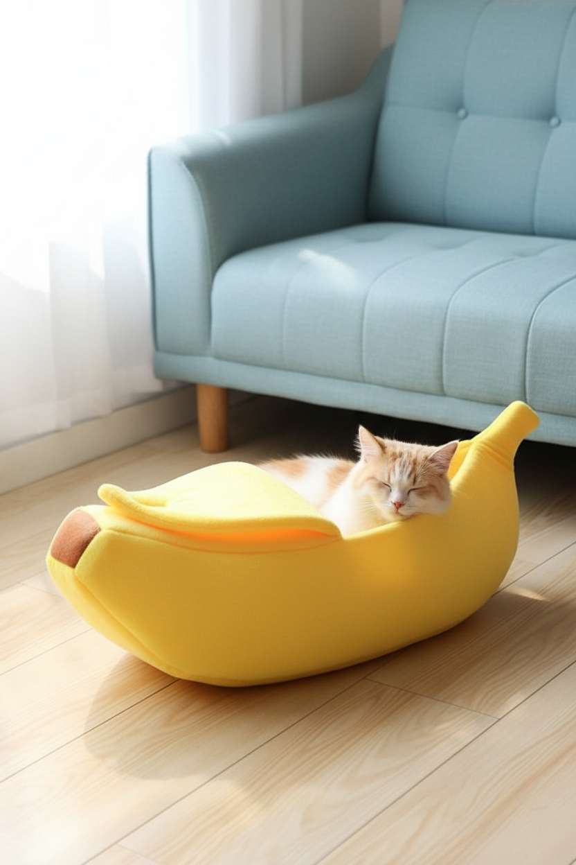 Cat sleeping in yellow banana-shaped cat bed on wooden floor