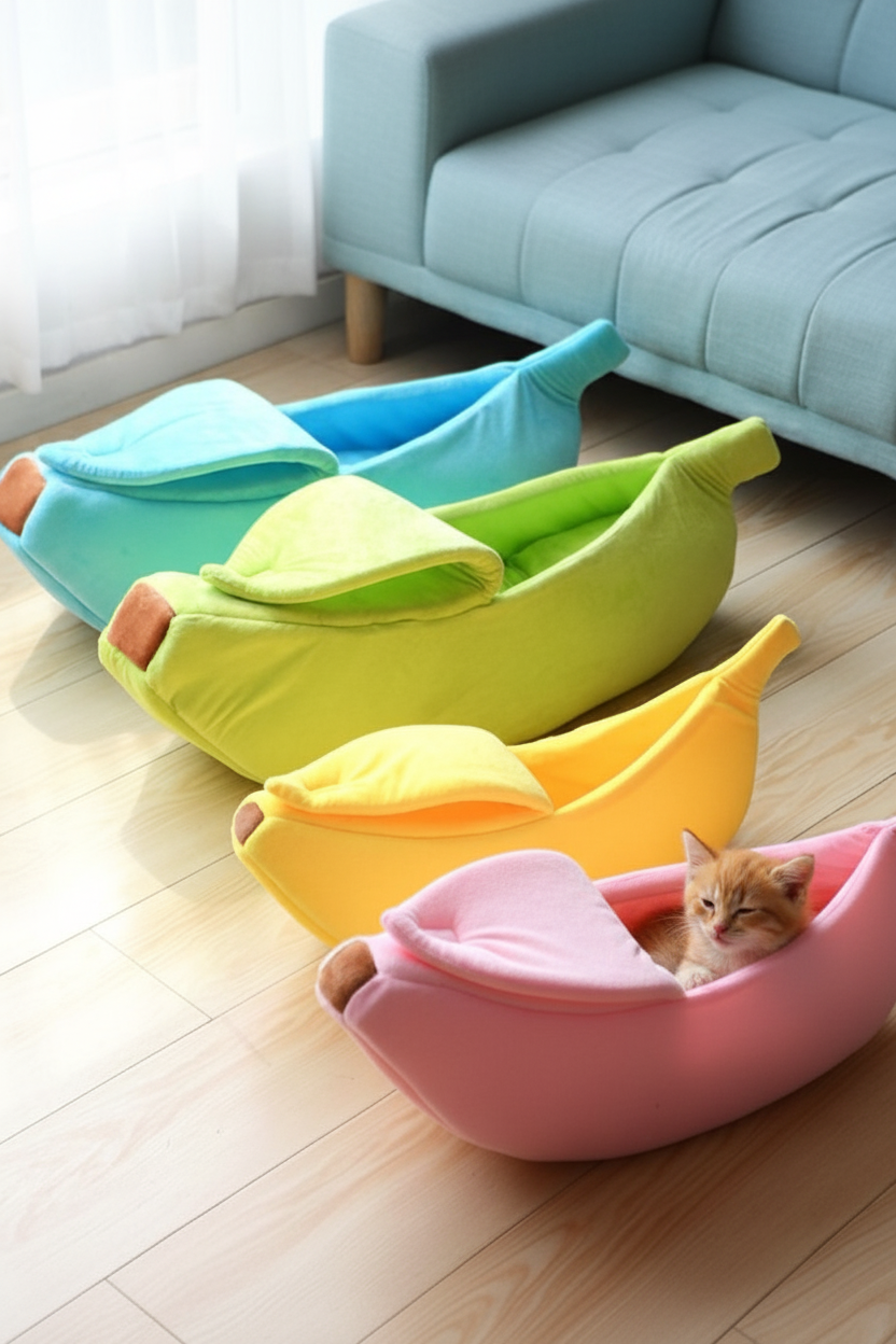 Four colourful banana cat beds with kitten in pink bed